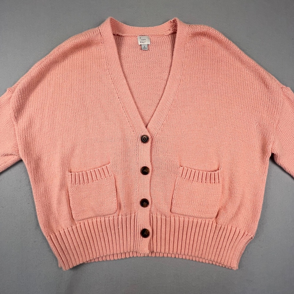 Preppy Cardigan Sweater Womens Large Pink Button Front Knit V-Neck A New Day - Picture 11 of 15